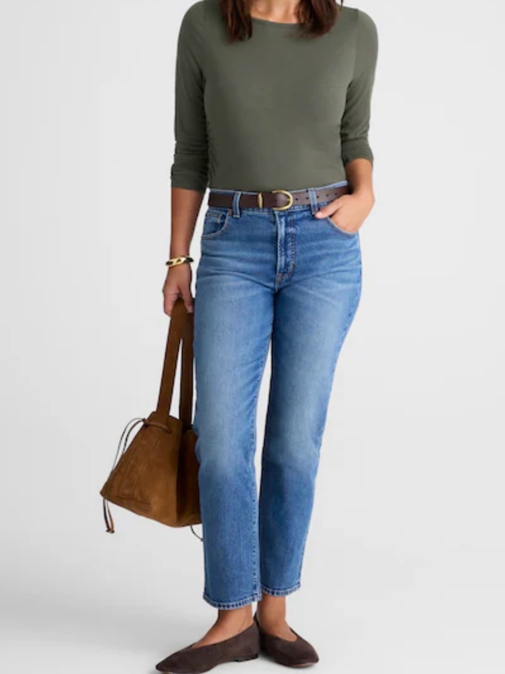 Madewell Ruched Crewneck Long Sleeve Pima Cotton Tee Smokey Laurel NWT Medium